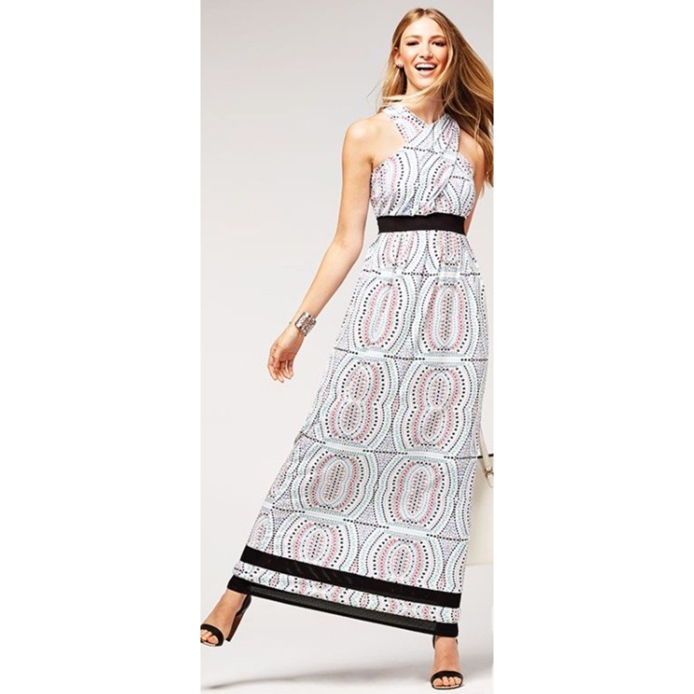 Tribal Femme Halter Maxi Dress Cross Neck Geometric Print Black Waistband XS‎